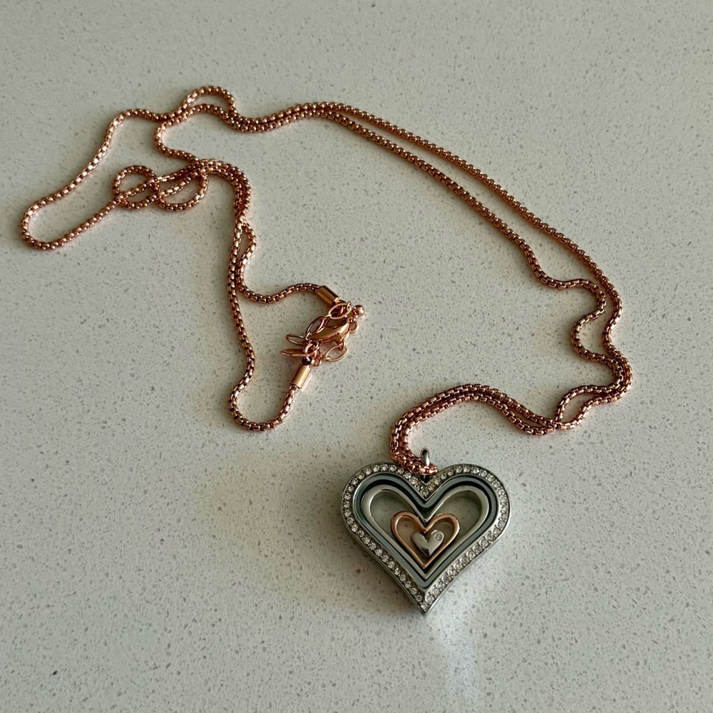 Origami Owl Rose Gold and Silver Heart Necklace